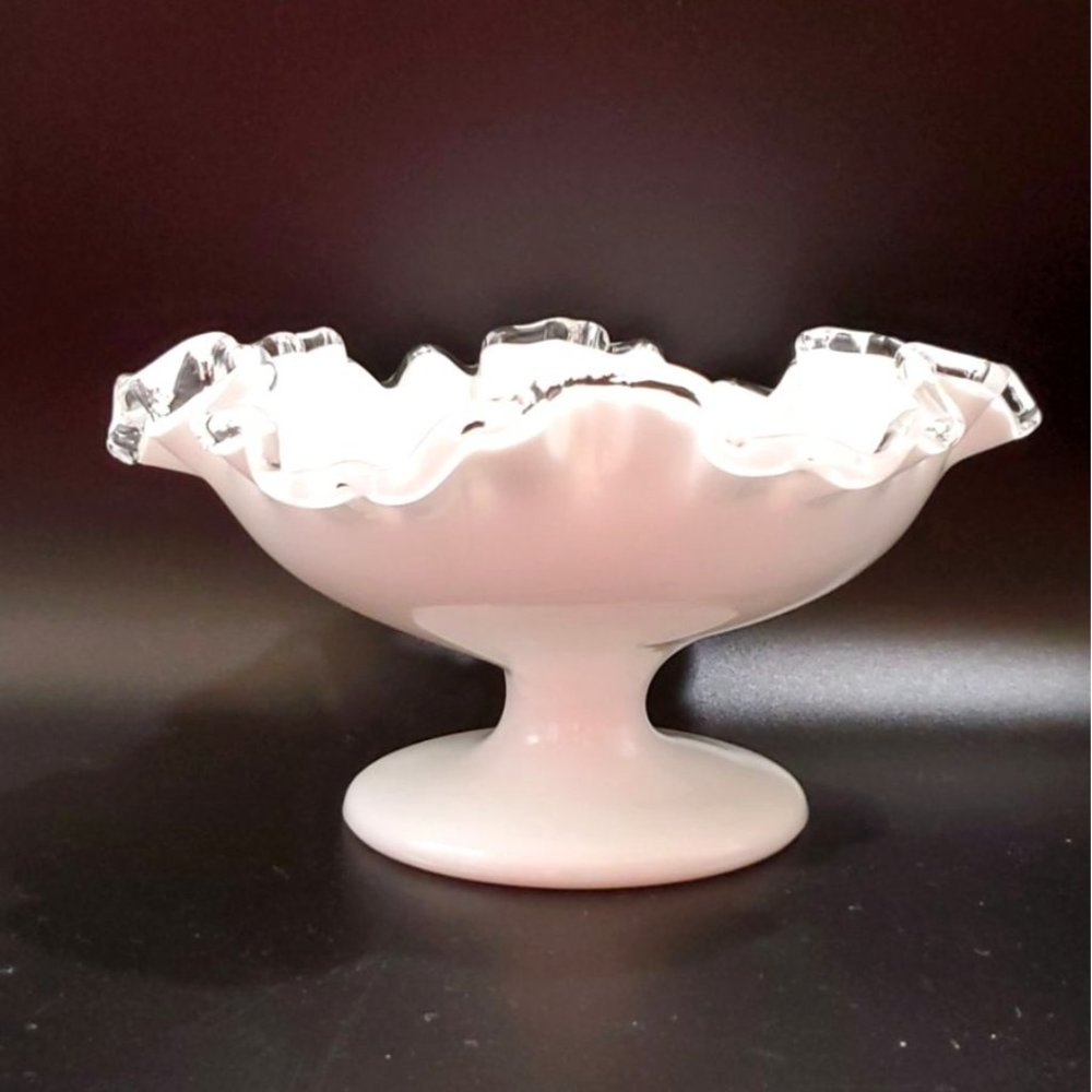 VTG Fenton Silver Crest Milk Glass Pedestal Compote Ruffled Clear Crimped Candy